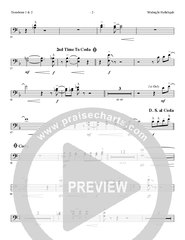 Midnight Hallelujah (Choral Anthem SATB) Trombone 1/2 (Lillenas Choral / Arr. Phil Nitz)