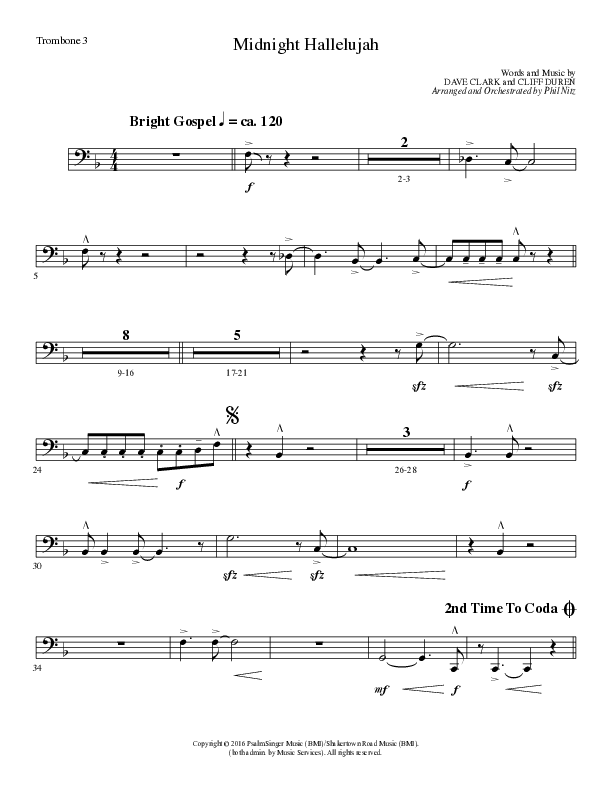 Midnight Hallelujah (Choral Anthem SATB) Trombone 3 (Lillenas Choral / Arr. Phil Nitz)