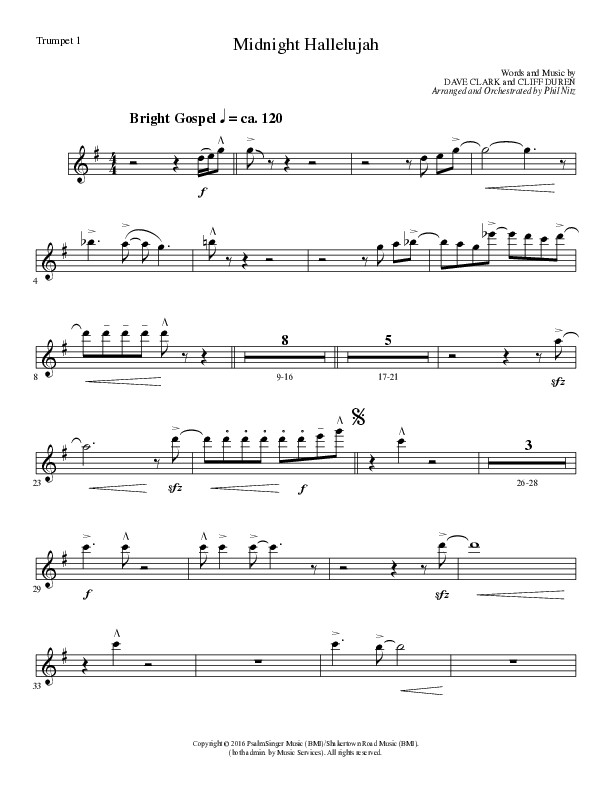 Midnight Hallelujah (Choral Anthem SATB) Trumpet 1 (Lillenas Choral / Arr. Phil Nitz)