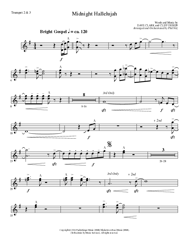 Midnight Hallelujah (Choral Anthem SATB) Trumpet 2/3 (Lillenas Choral / Arr. Phil Nitz)