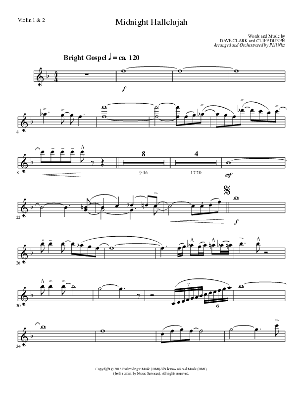 Midnight Hallelujah (Choral Anthem SATB) Violin 1/2 (Lillenas Choral / Arr. Phil Nitz)