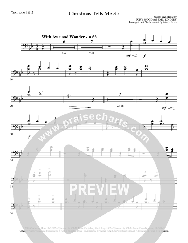 Christmas Tells Me So (Choral Anthem SATB) Trombone 1/2 (Lillenas Choral / Arr. Marty Parks)