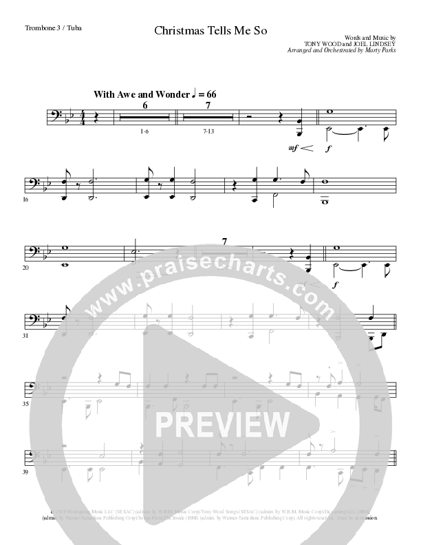 Christmas Tells Me So (Choral Anthem SATB) Trombone 3/Tuba (Lillenas Choral / Arr. Marty Parks)