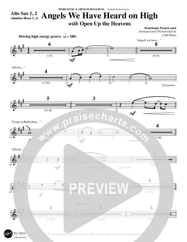 Angels We Have Heard On High with Open Up The Heavens (Choral Anthem SATB) Alto Sax 1/2 (Word Music Choral / Arr. Cliff Duren)