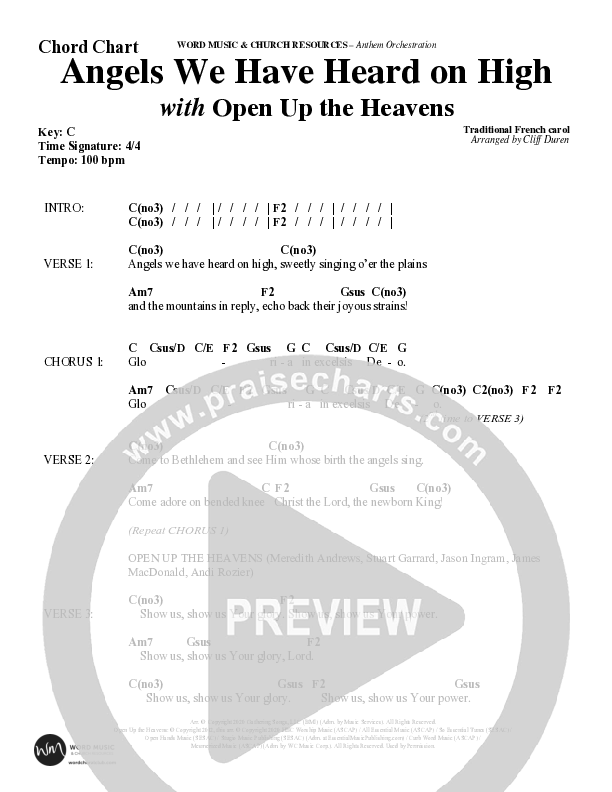 Angels We Have Heard On High with Open Up The Heavens (Choral Anthem SATB) Chord Chart (Word Music Choral / Arr. Cliff Duren)