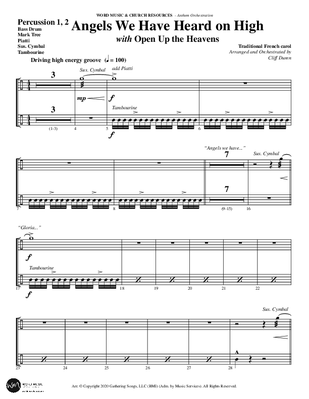 Angels We Have Heard On High with Open Up The Heavens (Choral Anthem SATB) Percussion 1/2 (Word Music Choral / Arr. Cliff Duren)