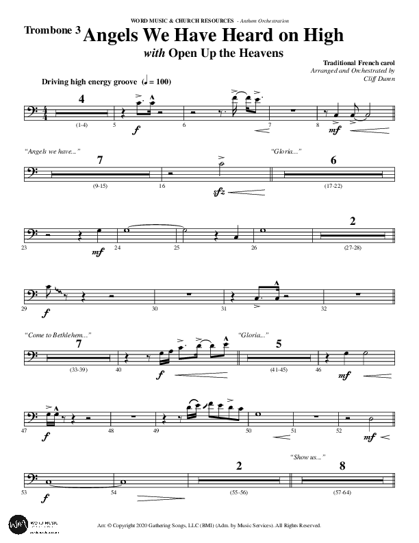 Angels We Have Heard On High with Open Up The Heavens (Choral Anthem SATB) Trombone 3 (Word Music Choral / Arr. Cliff Duren)