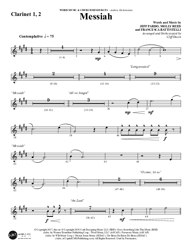 Messiah (Choral Anthem SATB) Clarinet 1/2 (Word Music Choral / Arr. Cliff Duren)