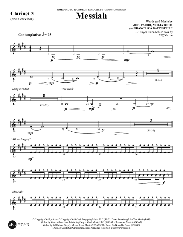 Messiah (Choral Anthem SATB) Clarinet 3 (Word Music Choral / Arr. Cliff Duren)