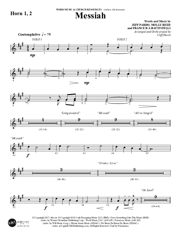 Messiah (Choral Anthem SATB) French Horn 1/2 (Word Music Choral / Arr. Cliff Duren)