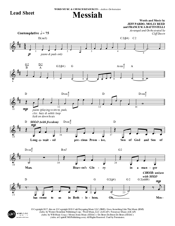 Messiah (Choral Anthem SATB) Lead Sheet (Melody) (Word Music Choral / Arr. Cliff Duren)