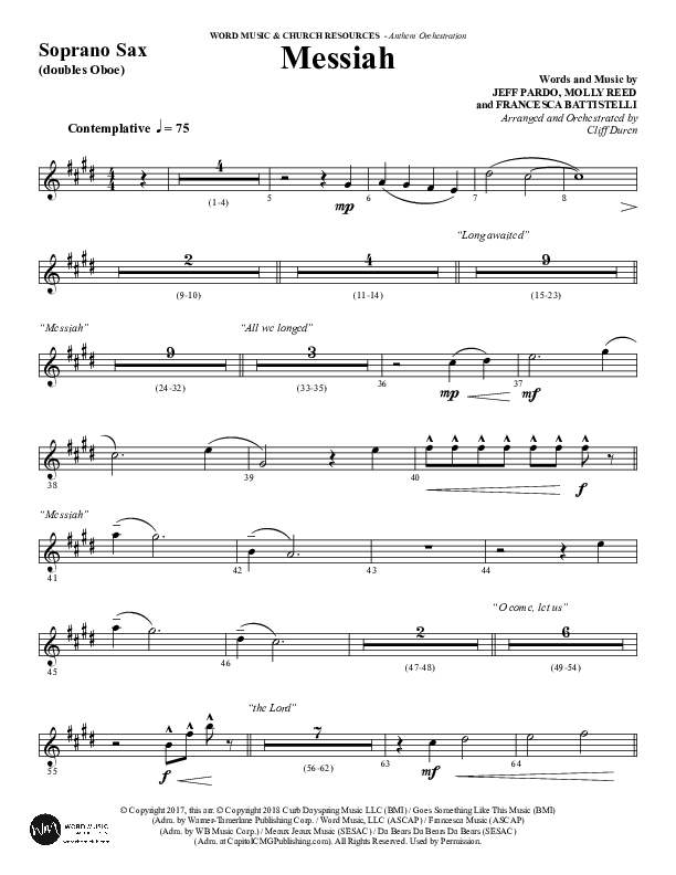 Messiah (Choral Anthem SATB) Soprano Sax (Word Music Choral / Arr. Cliff Duren)