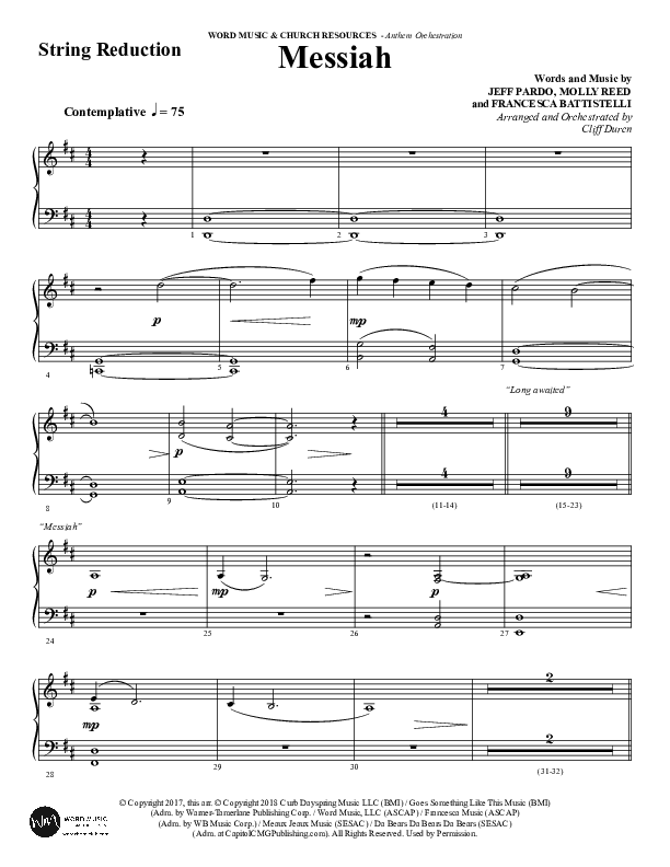Messiah (Choral Anthem SATB) String Reduction (Word Music Choral / Arr. Cliff Duren)