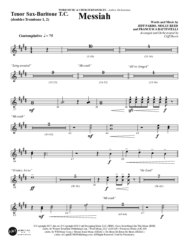 Messiah (Choral Anthem SATB) Tenor Sax/Baritone T.C. (Word Music Choral / Arr. Cliff Duren)