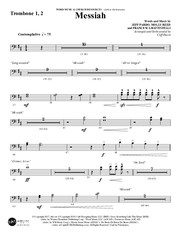 Messiah (Choral Anthem SATB) Trombone 1/2 (Word Music Choral / Arr. Cliff Duren)