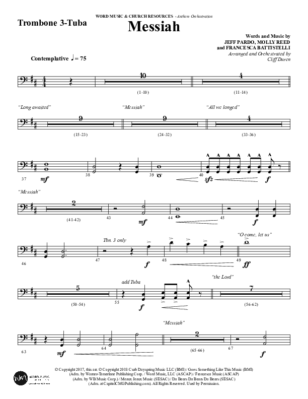 Messiah (Choral Anthem SATB) Trombone 3/Tuba (Word Music Choral / Arr. Cliff Duren)