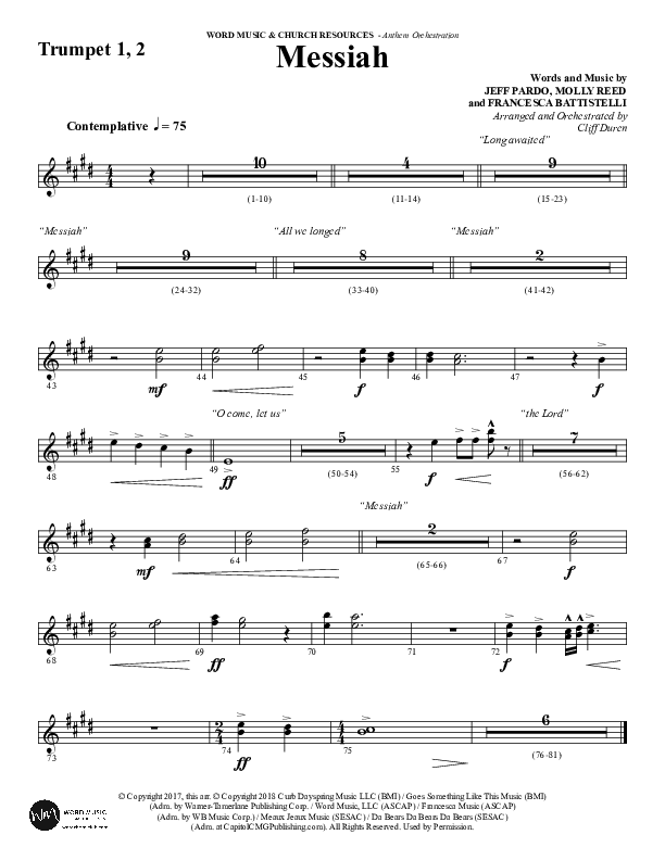 Messiah (Choral Anthem SATB) Trumpet 1,2 (Word Music Choral / Arr. Cliff Duren)