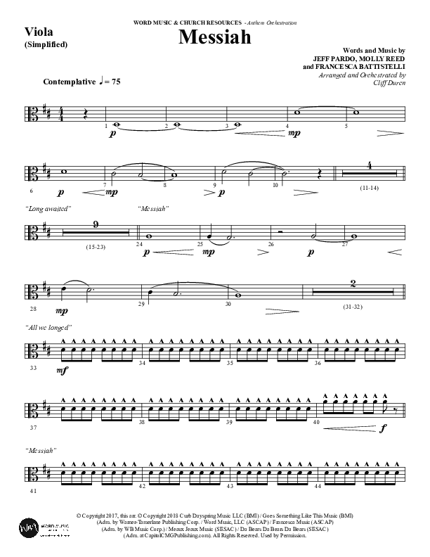 Messiah (Choral Anthem SATB) Viola (Word Music Choral / Arr. Cliff Duren)