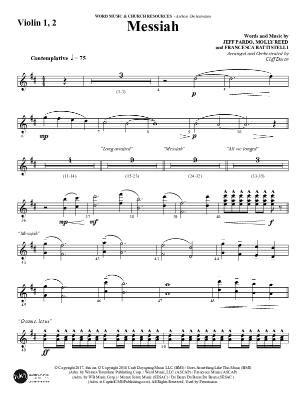 Messiah (Choral Anthem SATB) Violin 1/2 (Word Music Choral / Arr. Cliff Duren)