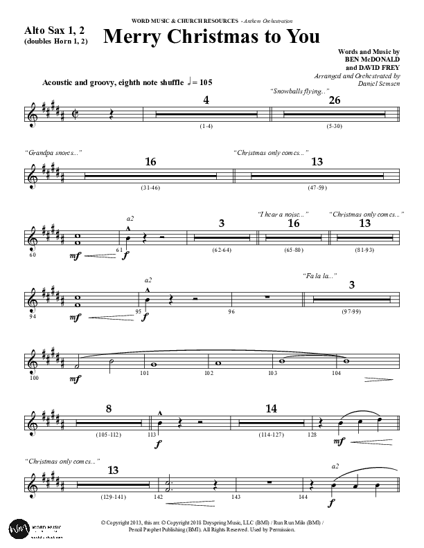 Merry Christmas To You (Choral Anthem SATB) Alto Sax 1/2 (Word Music Choral / Arr. Daniel Semsen)