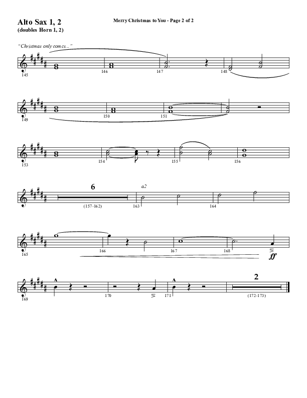 Merry Christmas To You (Choral Anthem SATB) Alto Sax 1/2 (Word Music Choral / Arr. Daniel Semsen)