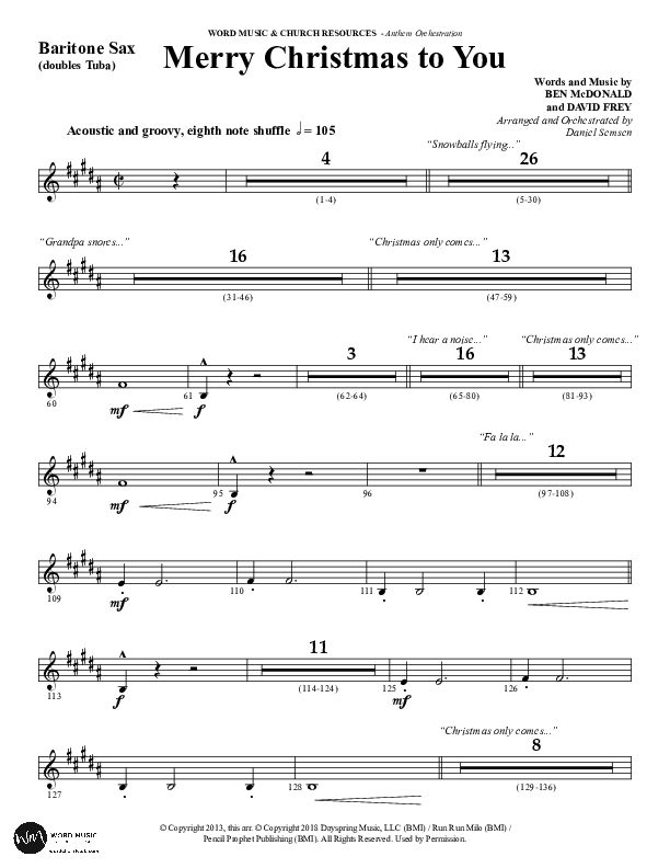 Merry Christmas To You (Choral Anthem SATB) Bari Sax (Word Music Choral / Arr. Daniel Semsen)