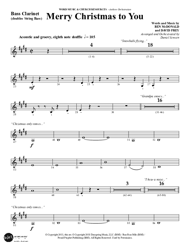 Merry Christmas To You (Choral Anthem SATB) Bass Clarinet (Word Music Choral / Arr. Daniel Semsen)