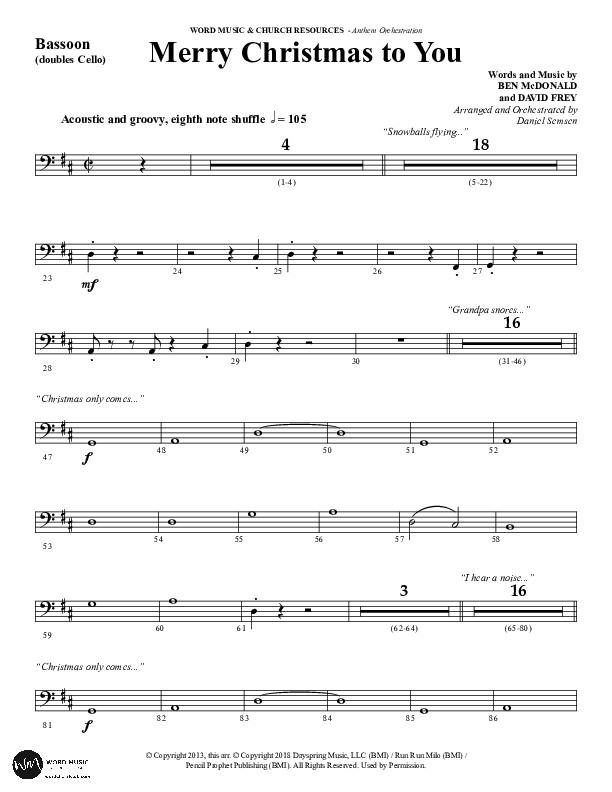 Merry Christmas To You (Choral Anthem SATB) Bassoon (Word Music Choral / Arr. Daniel Semsen)