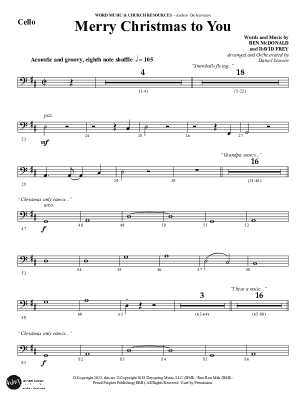 Merry Christmas To You (Choral Anthem SATB) Cello (Word Music Choral / Arr. Daniel Semsen)