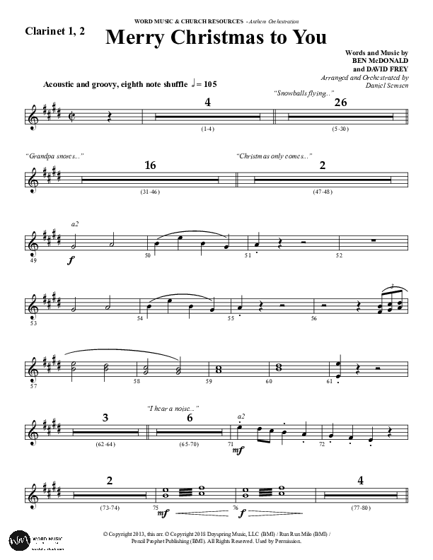 Merry Christmas To You (Choral Anthem SATB) Clarinet 1/2 (Word Music Choral / Arr. Daniel Semsen)