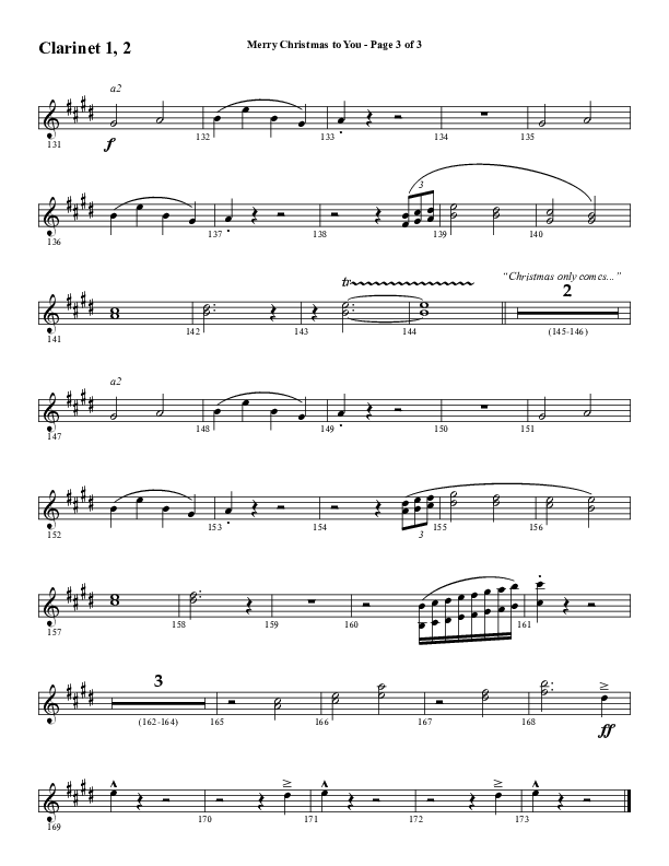 Merry Christmas To You (Choral Anthem SATB) Clarinet 1/2 (Word Music Choral / Arr. Daniel Semsen)