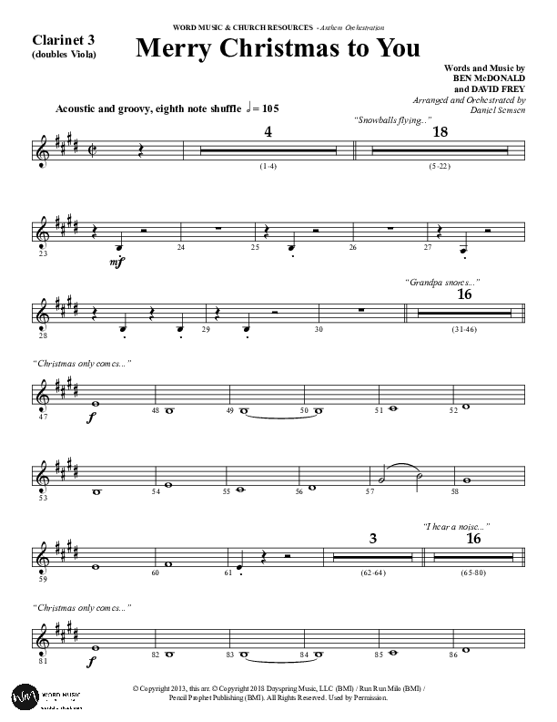 Merry Christmas To You (Choral Anthem SATB) Clarinet 3 (Word Music Choral / Arr. Daniel Semsen)