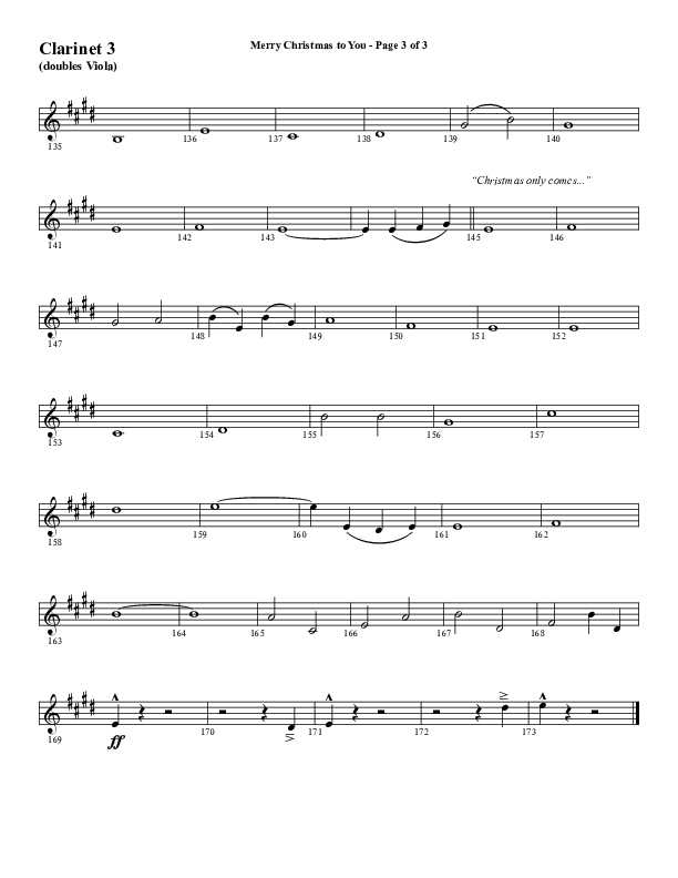 Merry Christmas To You (Choral Anthem SATB) Clarinet 3 (Word Music Choral / Arr. Daniel Semsen)