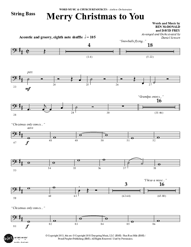 Merry Christmas To You (Choral Anthem SATB) Double Bass (Word Music Choral / Arr. Daniel Semsen)