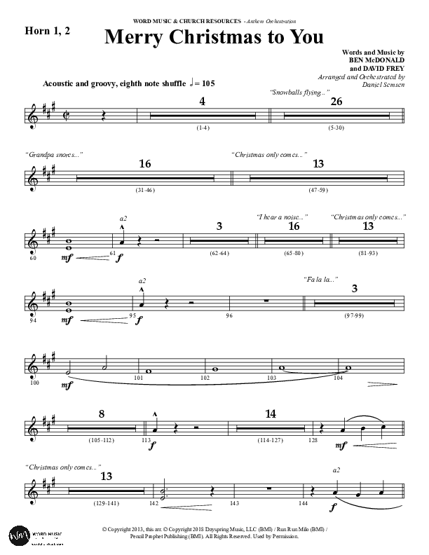 Merry Christmas To You (Choral Anthem SATB) French Horn 1/2 (Word Music Choral / Arr. Daniel Semsen)