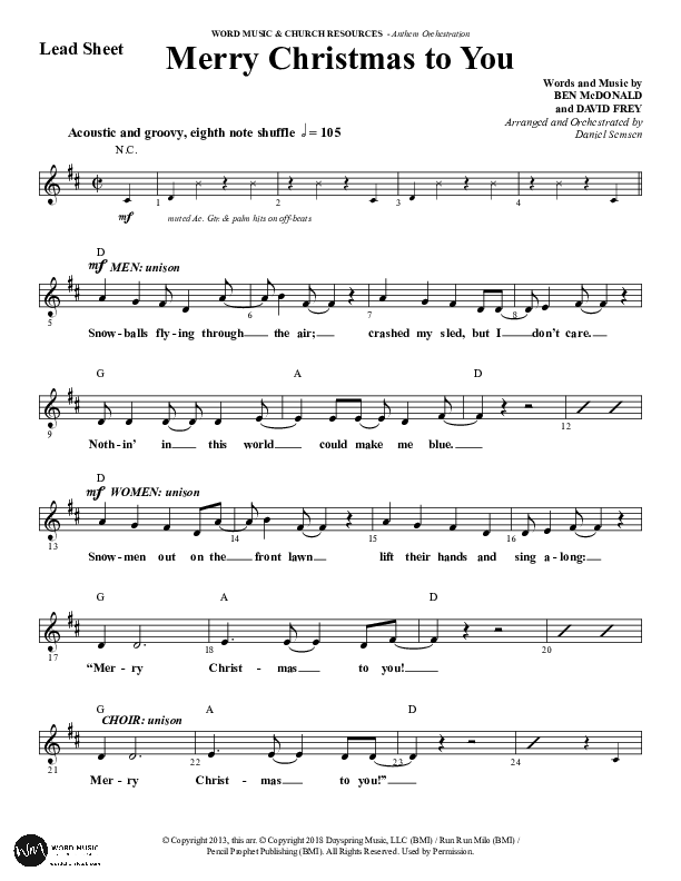 Merry Christmas To You (Choral Anthem SATB) Lead Sheet (Melody) (Word Music Choral / Arr. Daniel Semsen)