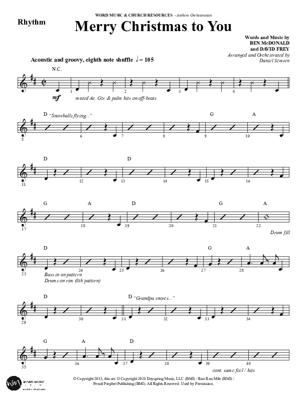 Merry Christmas To You (Choral Anthem SATB) Rhythm Chart (Word Music Choral / Arr. Daniel Semsen)