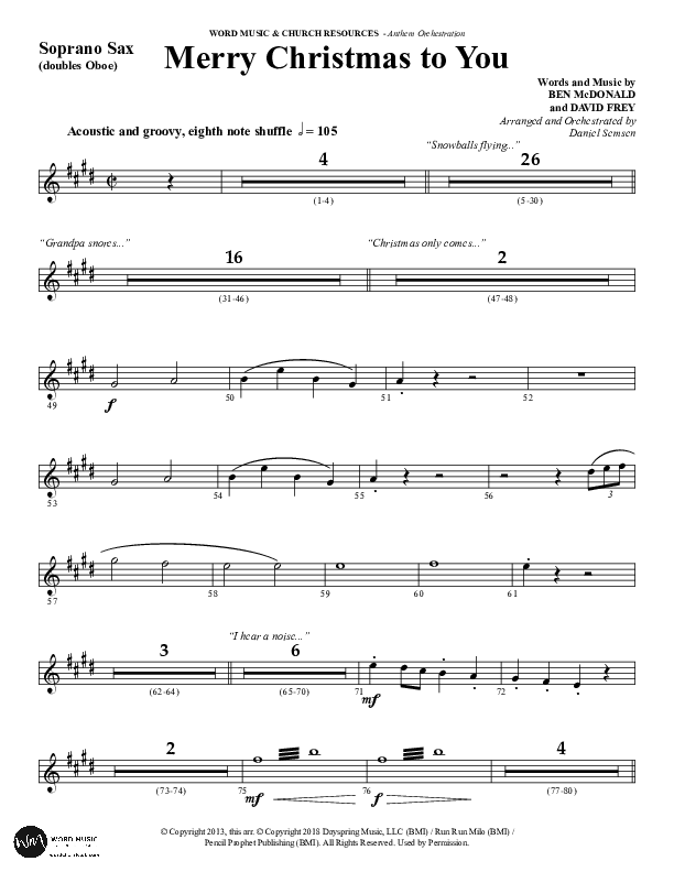 Merry Christmas To You (Choral Anthem SATB) Soprano Sax (Word Music Choral / Arr. Daniel Semsen)