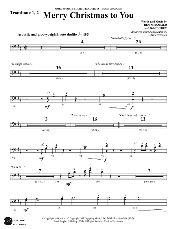 Merry Christmas To You (Choral Anthem SATB) Trombone 1/2 (Word Music Choral / Arr. Daniel Semsen)