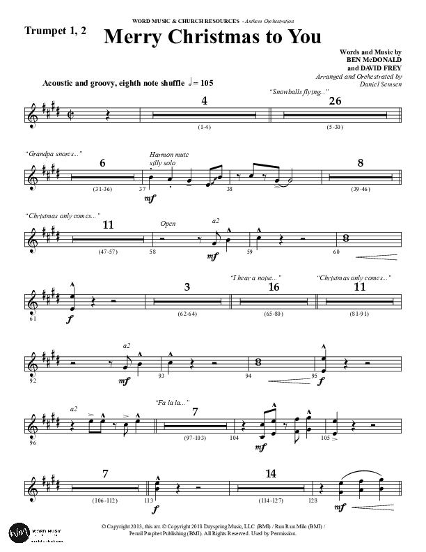 Merry Christmas To You (Choral Anthem SATB) Trumpet 1,2 (Word Music Choral / Arr. Daniel Semsen)