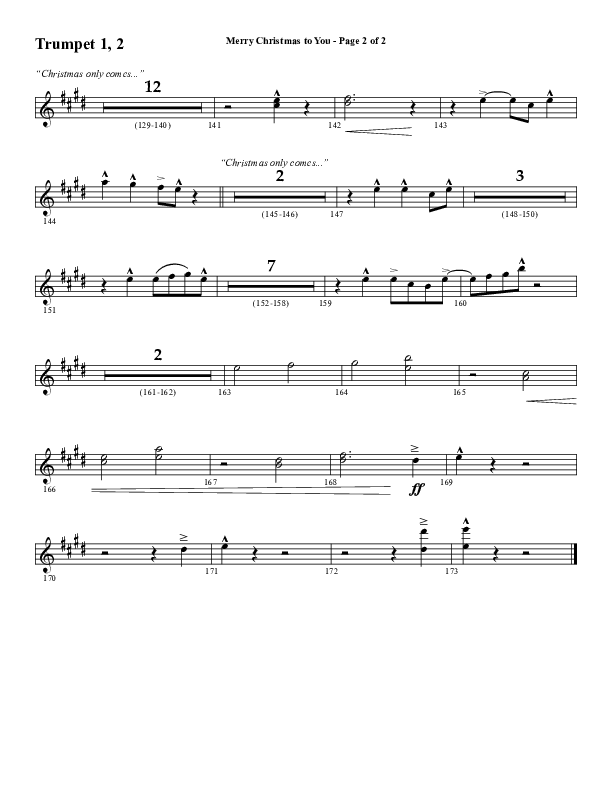 Merry Christmas To You (Choral Anthem SATB) Trumpet 1,2 (Word Music Choral / Arr. Daniel Semsen)