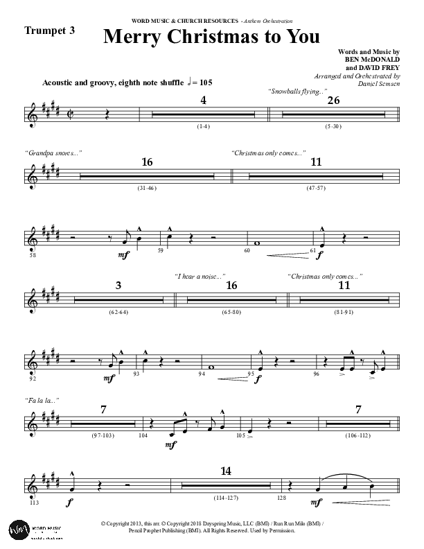 Merry Christmas To You (Choral Anthem SATB) Trumpet 3 (Word Music Choral / Arr. Daniel Semsen)