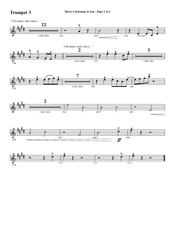 Merry Christmas To You (Choral Anthem SATB) Trumpet 3 (Word Music Choral / Arr. Daniel Semsen)