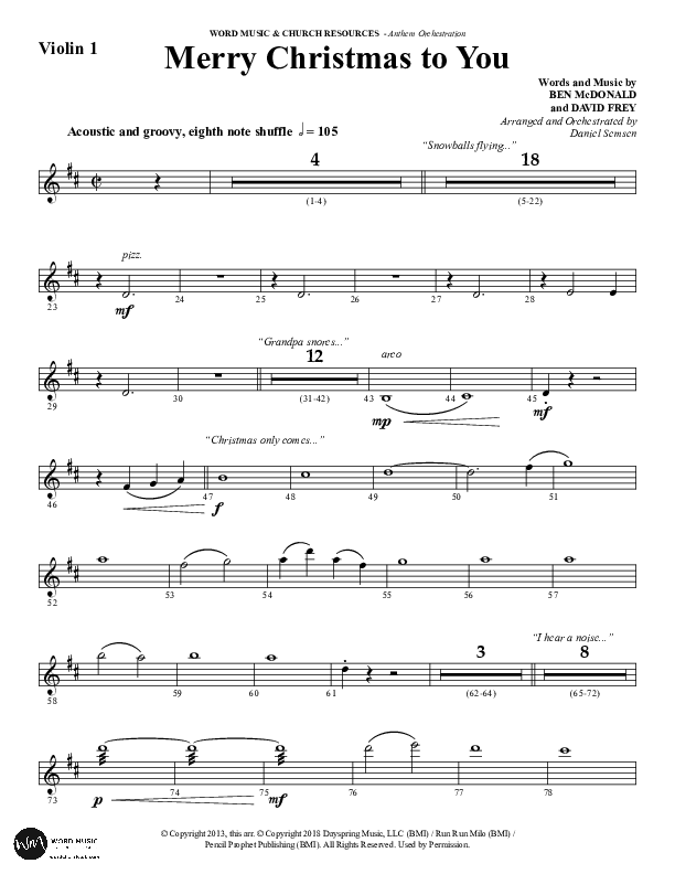 Merry Christmas To You (Choral Anthem SATB) Violin 1 (Word Music Choral / Arr. Daniel Semsen)