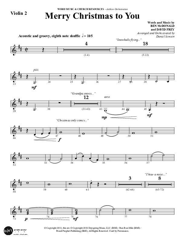 Merry Christmas To You (Choral Anthem SATB) Violin 2 (Word Music Choral / Arr. Daniel Semsen)