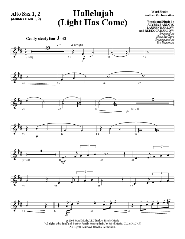 Hallelujah (Light Has Come) (Choral Anthem SATB) Alto Sax 1/2 (Word Music Choral / Arr. Mark McClure)