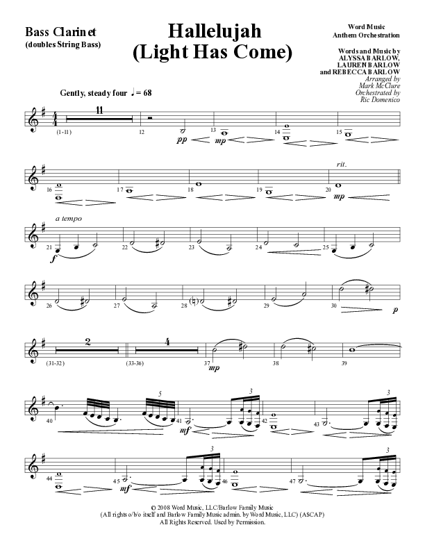 Hallelujah (Light Has Come) (Choral Anthem SATB) Bass Clarinet (Word Music Choral / Arr. Mark McClure)