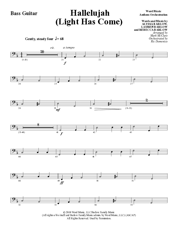 Hallelujah (Light Has Come) (Choral Anthem SATB) Bass Guitar (Word Music Choral / Arr. Mark McClure)
