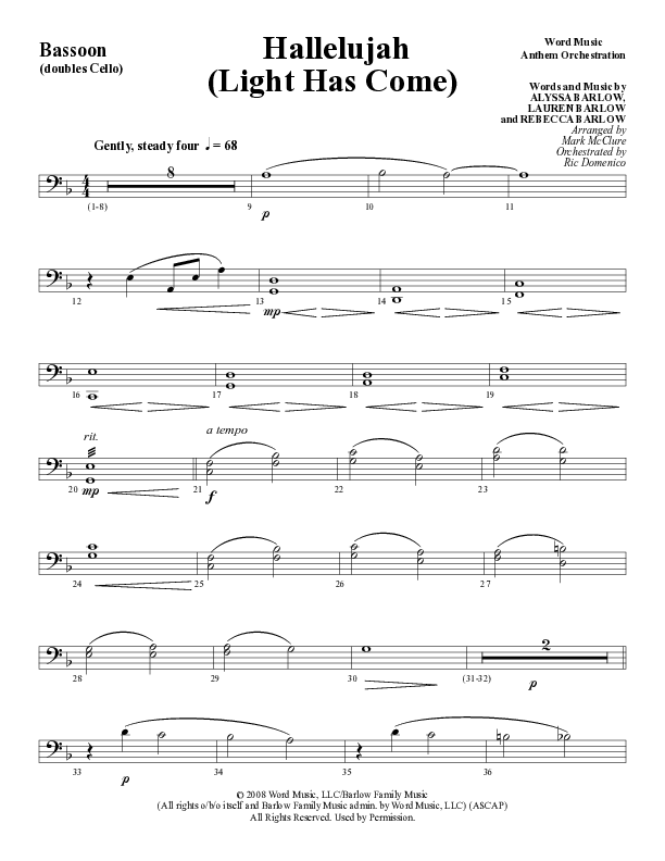 Hallelujah (Light Has Come) (Choral Anthem SATB) Bassoon (Word Music Choral / Arr. Mark McClure)