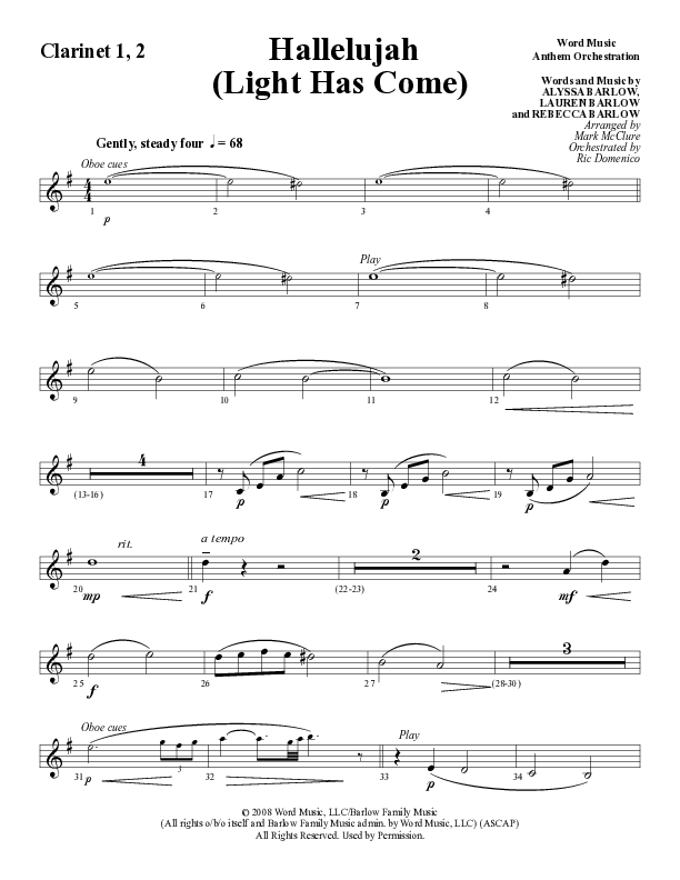 Hallelujah (Light Has Come) (Choral Anthem SATB) Clarinet 1/2 (Word Music Choral / Arr. Mark McClure)